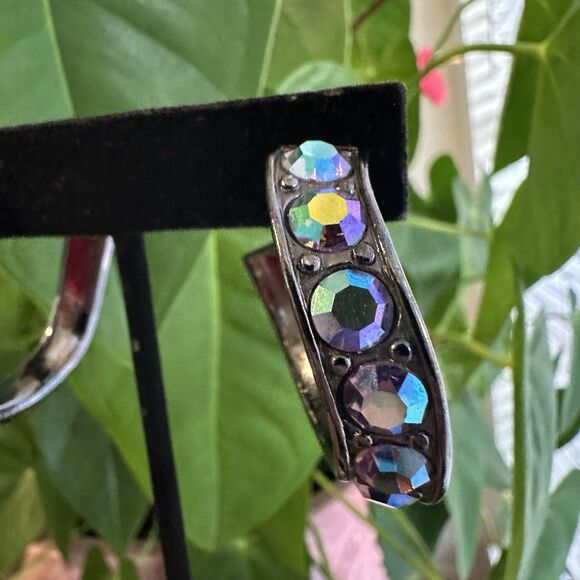 YSL Vintage Aurora Borealis Curved Hoop Earrings Crystal Rhinestone Signed 80s - Picture 11 of 16